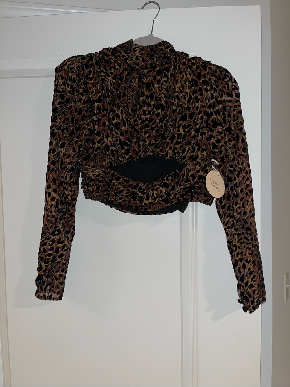 Camila Coelho Brown Leopard Print Long-Sleeve Cropped Top